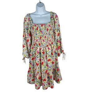 Lauren Conrad Floral Smocked Midi Dress With Tie Sleeve Details & Square Necklin